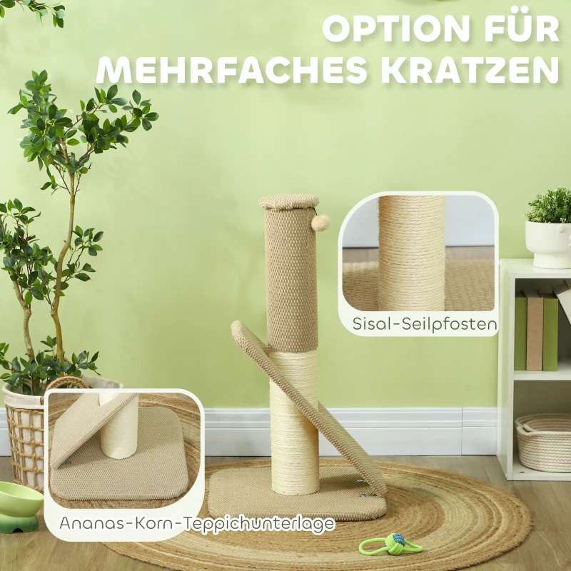 PawHut Kratzbaum für Katzen, mit Pad, Säule und Spielball, Teppich und Sisal, 84 cm, Hellbraun
