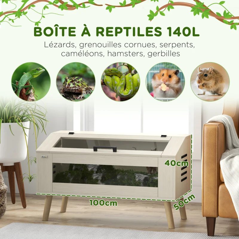 PawHut Terrarium pour reptiles, vivarium pour serpents 140L avec fenêtres en verre trempé, couvercle, 100 x 50 x 60 cm
