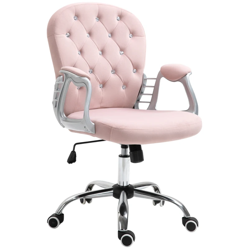 Vinsetto Office Chair, Swivel Desk Chair, Velvet Vanity Chair with Adjustable Height and Rolling Wheels for Home Work Study, Pink