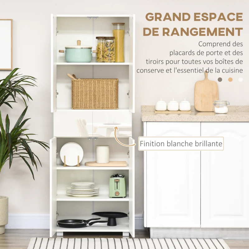 HOMCOM Armoire de cuisine meuble de rangement buffet 4 portes avec étagères réglables - dim. 60L x 35l x 170H cm blanc laqué(m-4)