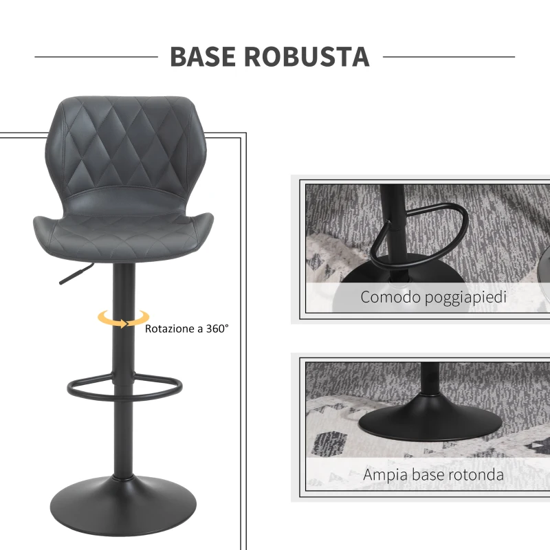 HOMCOM Set di 2 Sgabelli da Bar Alti in Finta Pelle con Altezza Regolabile, Sgabelli Cucina Girevoli con Schienale e Poggiapiedi, 46.5x49.5x92-113cm Grigio