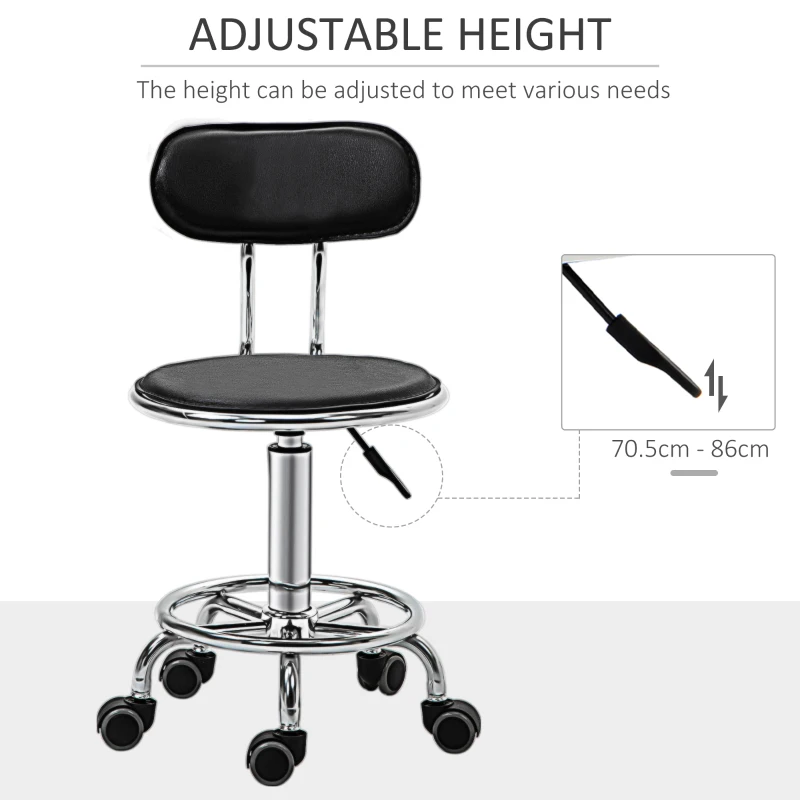 HOMCOM Salon Massage Chair, Height Adjustable Mid Back Swivel Stool on Wheels with PU Leather and Footrest for Hairdressing, Spa, Beauty, Tattoo, Manicure, Black