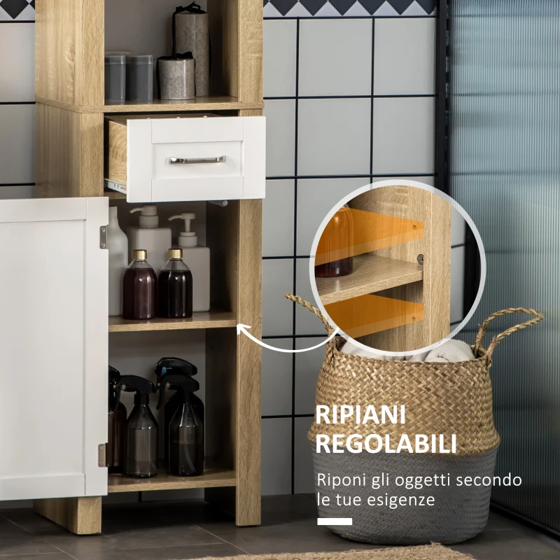 kleankin Mobile Bagno Alto in Truciolato con un Cassetto, 2 Armadietti e 2 Ripiani Aperti Regolabili, 37x30x184 cm