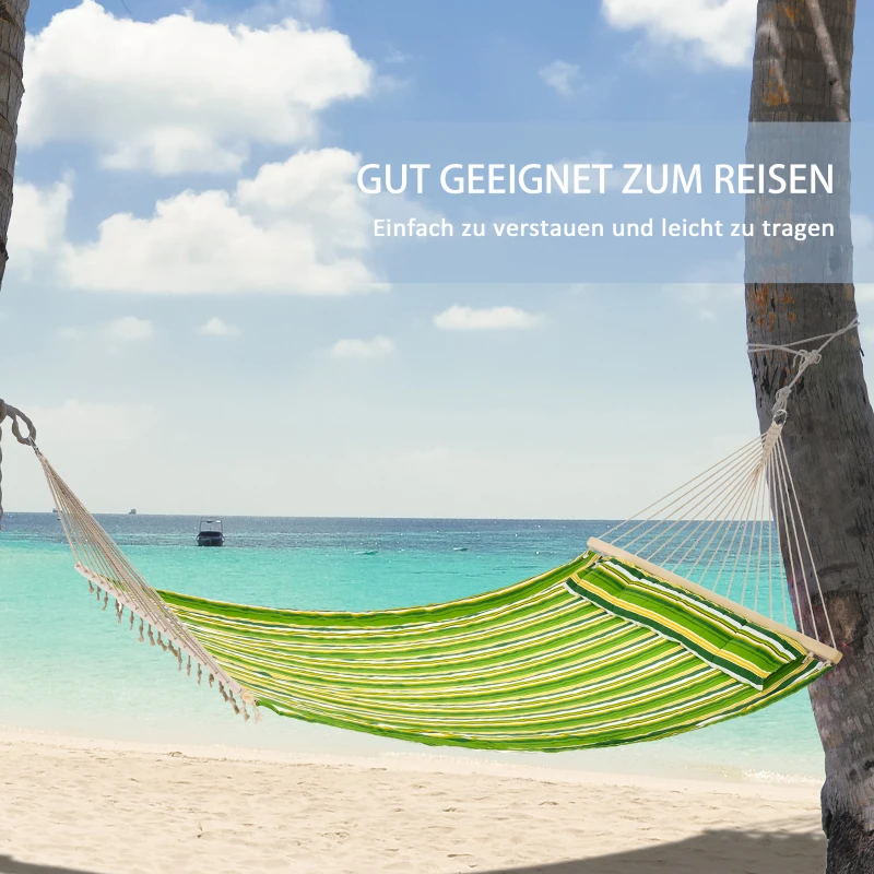 Outsunny Hängematte für 2 Personen mit Kissen Outdoor für Reisen Camping 240g/㎡ Baumwolle Belastbarkeit bis 180 kg Grün gestreift 188 x 140 cm
