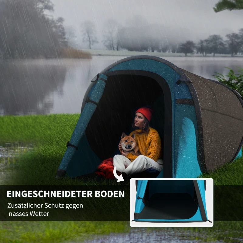 Outsunny Pop up Zelt für 1-2 Personen Campingzelt für 3 Jahreszeiten Polyester Glasfaser Blau+Grau 220 x 108 x 110 cm