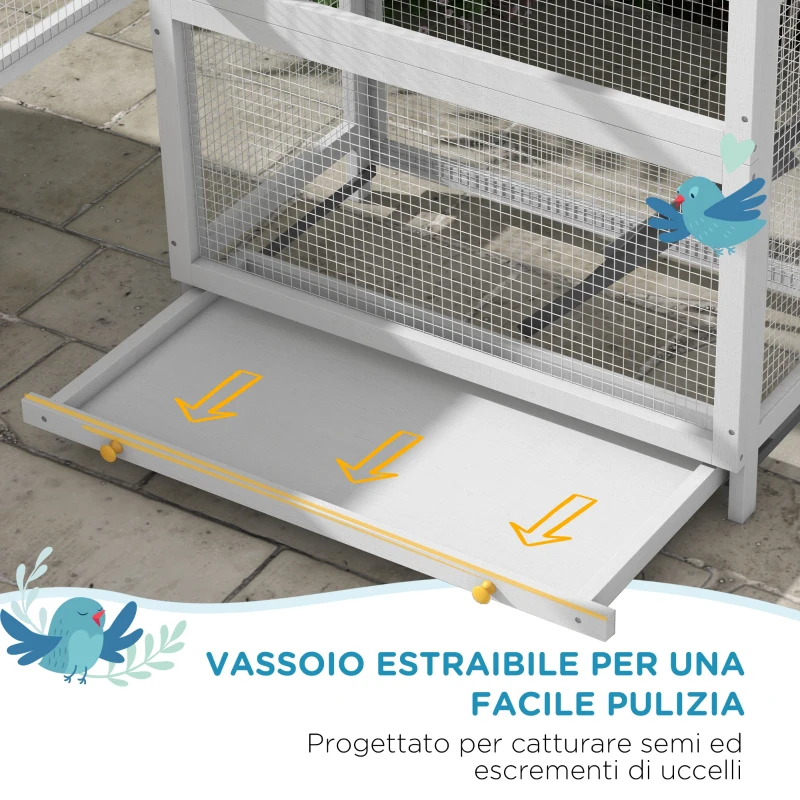 PawHut Voliera per Uccellini a 3 Porte con Casetta e Vassoio, in Legno e Metallo, 92x52x171 cm, Grigia e Nera