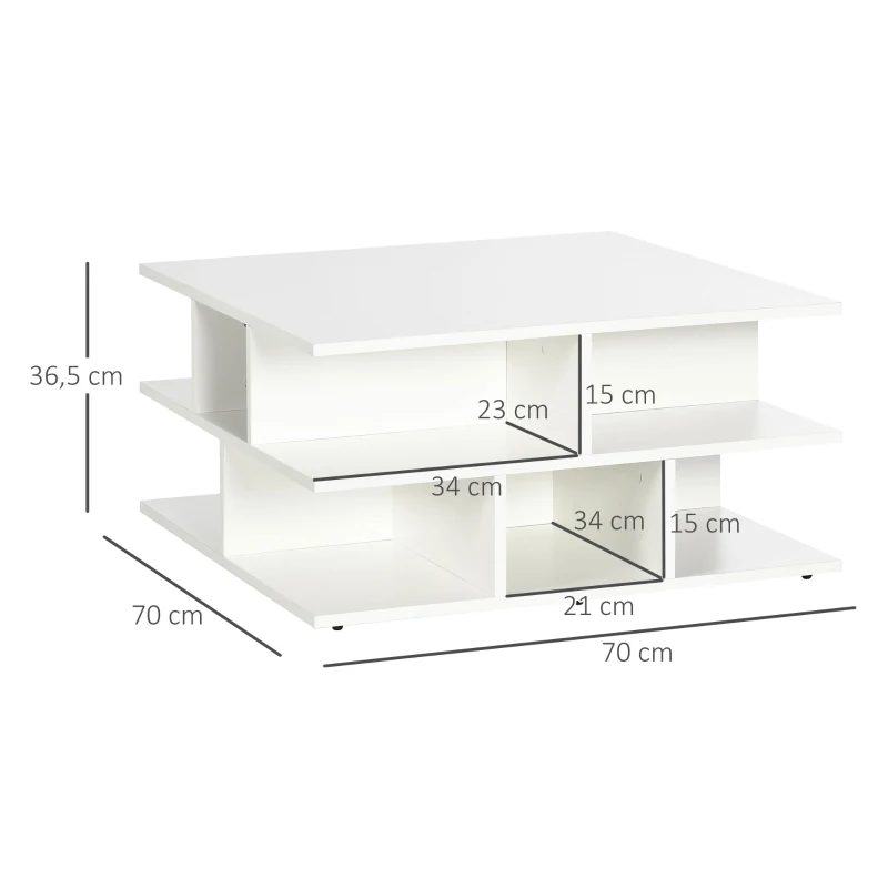 HOMCOM Mesa de Centro Cuadrada Moderna con Múltiples Estantes para Salón Oficina Dormitorio Estudio 70x70x36,5 cm Blanco