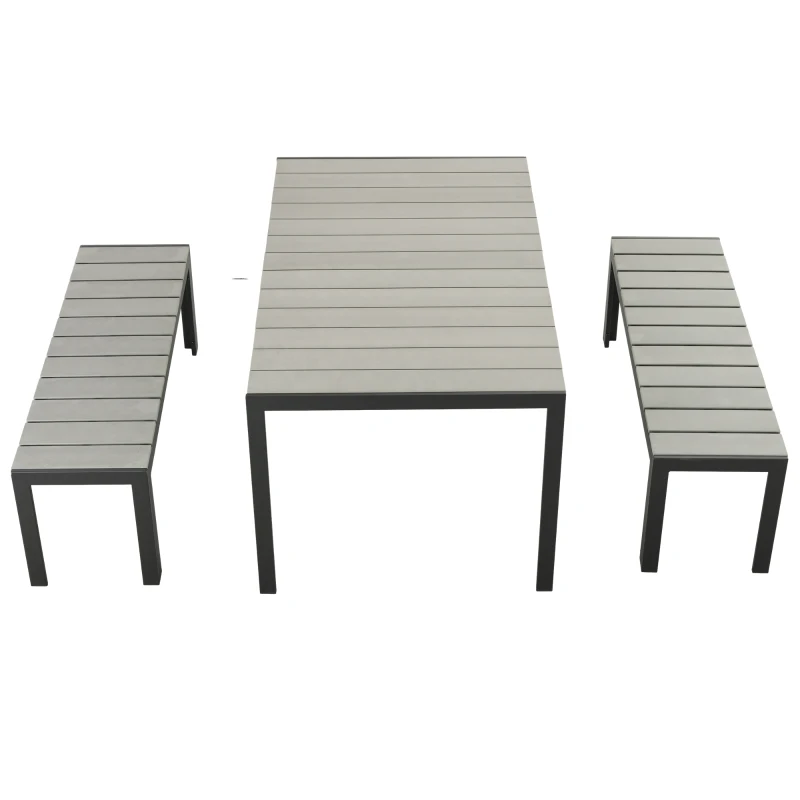Outsunny Terrassenmöbel-Set, 3-teilig, 2 Bänke & 1 Tisch, Metallrahmen, Holzoptik, Grau
