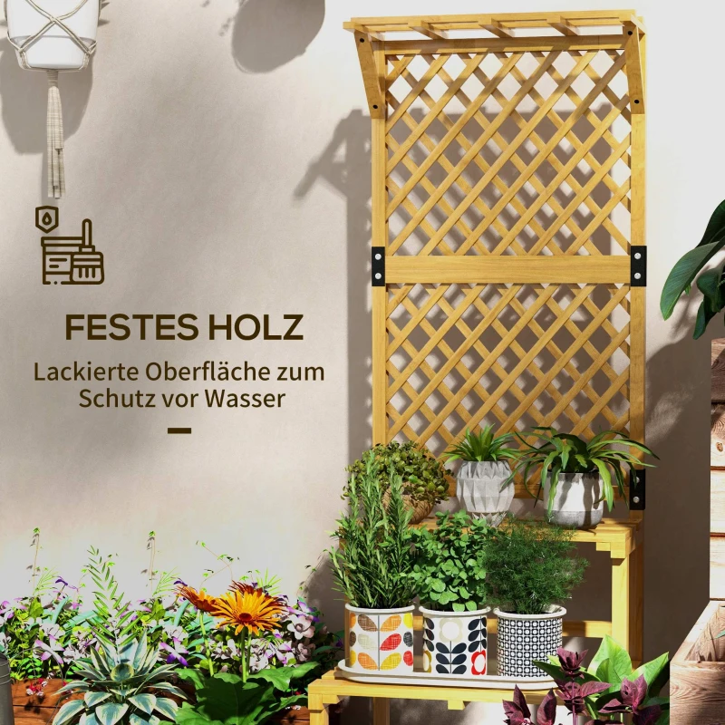 Outsunny Pflanzenständer, Blumenregal, 2 Etagen, mit Spalier & Dach, Tannenholz, 60x50x166cm, Gelb(m-5)