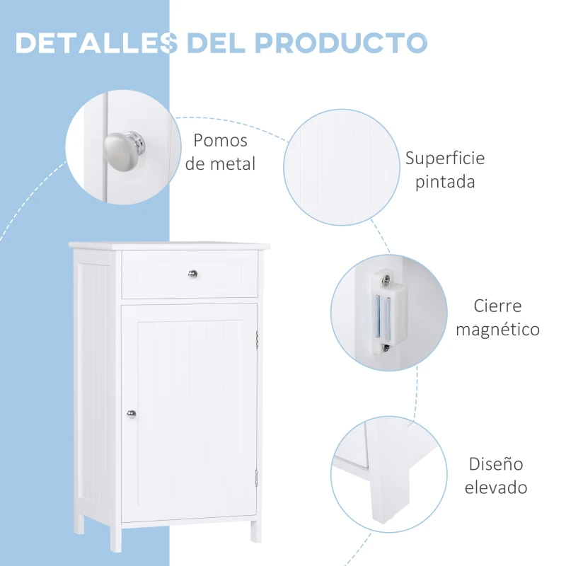 kleankin Armario de Baño con 1 Cajón 1 Puerta y Estante Ajustable Interior Mueble Auxiliar de Almacenaje 43x34x77 cm Blanco