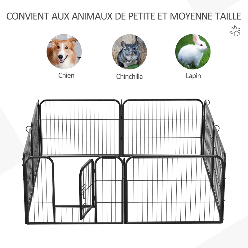 PawHut Luxe parc enclos modulable acier 8 panneaux et 1 porte pour chiens, lapins, rongeurs, petits animaux, intérieur et extérieur 80L x 60H cm noir