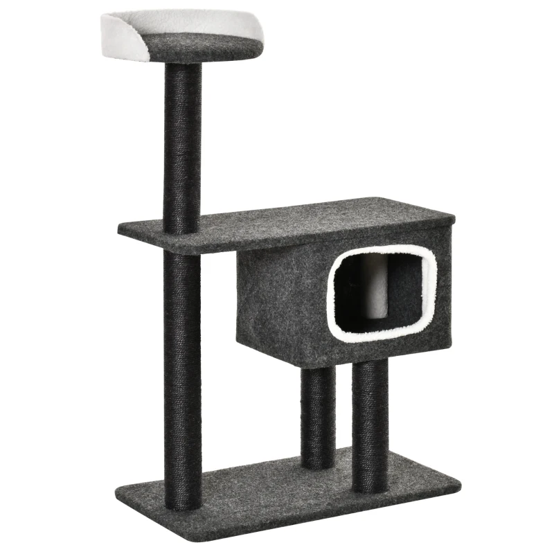 PawHut Kratzbaum aus Filz Katzenbaum für Katzen Kletterbaum mit Katzenhöhle Sisalstämmen großer Plattform Spielbälle 112 cm Höhe stabil Schwarz 70 x 41 x 112 cm