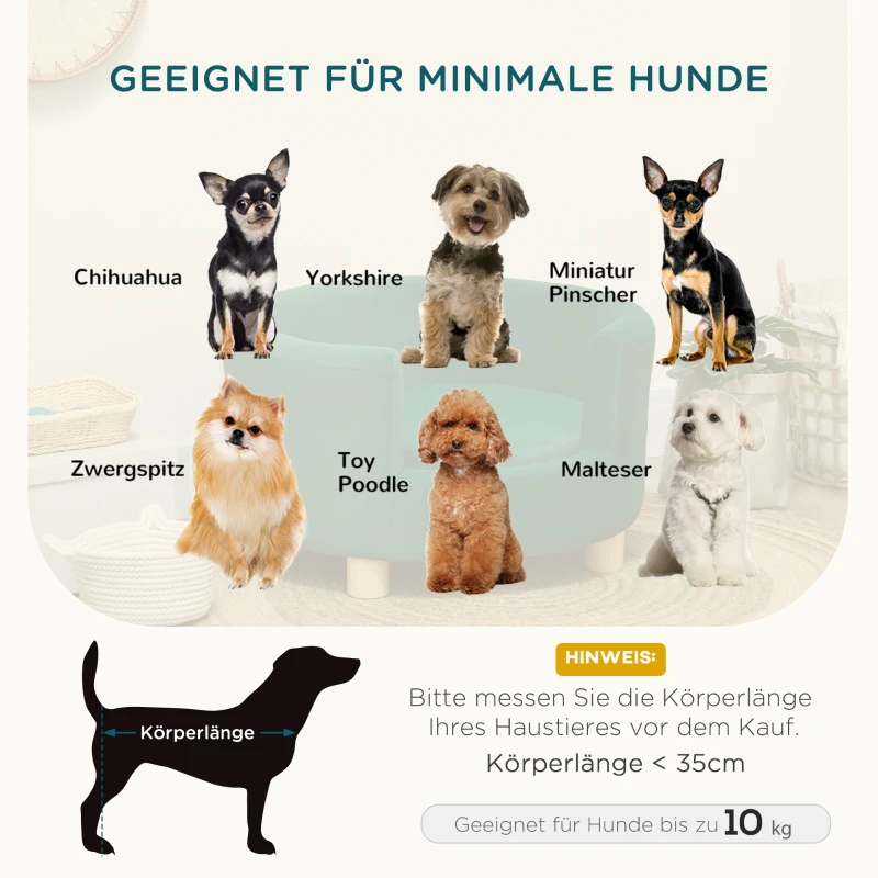 PawHut Hundesofa Hundecouch, Waschbarer Bezug, Haustiersofa mit Rückenlehne und Holzbeine, Katzensofa, für kleine Hunde unter 4,5 kg, Grün