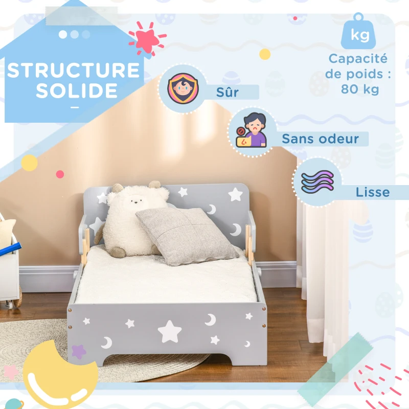 ZONEKIZ Lit pour enfants de 3 à 6 ans design étoiles et lune sommier à lattes inclus chambre moderne 143 x 76 x 49 cm gris