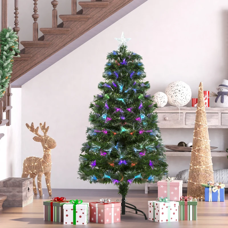 HOMCOM Árbol de Navidad 120cm Artificial Árboles con 130 Luces LED múltiples Colores y Estrella Decorativa Brillante Árbol con Soporte Fibra Óptica