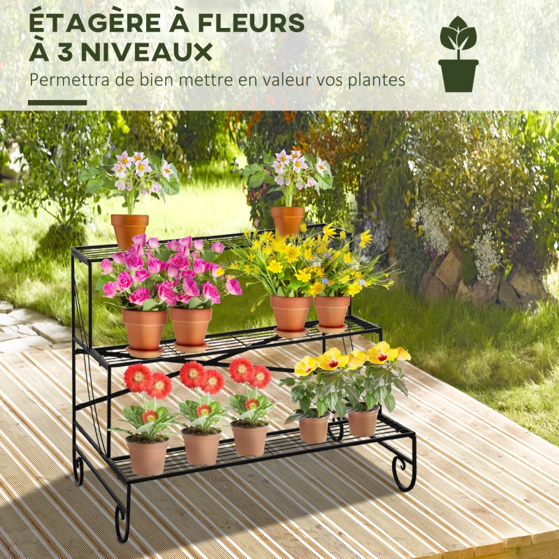 Outsunny Étagère à Fleurs Supports de Pots Porte Plante Escalier Plantes avec étagères en métal 3 Niveaux Forme escalier intérieur/extérieur pour Maison Balcon Jardin dim. 95L x 63l x 72H cm Noir