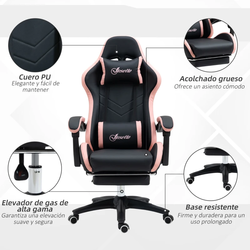 Vinsetto Silla Gaming Silla Gamer de Cuero PU Reclinable 135° Reposacabezas y Reposapiés 65x65x121-129 cm Negro y Rosa