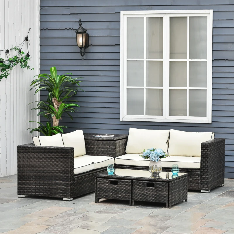 Outsunny 4 Pieces Rattan Garden Furniture Set, 4 Seater Corner Sofa Set with Storage Box, 2 Drawers Coffee Table, Loveseats with Cushions, Wicker Garden Conservatory Furniture for Balcony, Brown