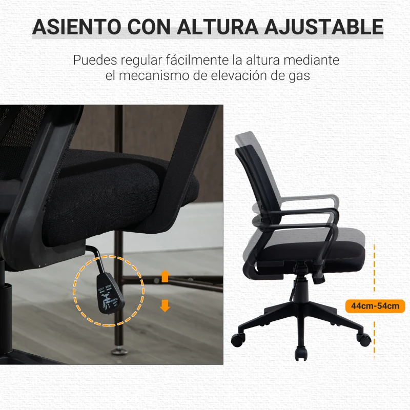 Vinsetto Silla de Oficina Ergonómica Silla de Escritorio Giratoria para Adolescentes Ajustable en Altura con Reposabrazos y Soporte Lumbar Tejido Transpirable 61x58,5x89-99 cm Negro