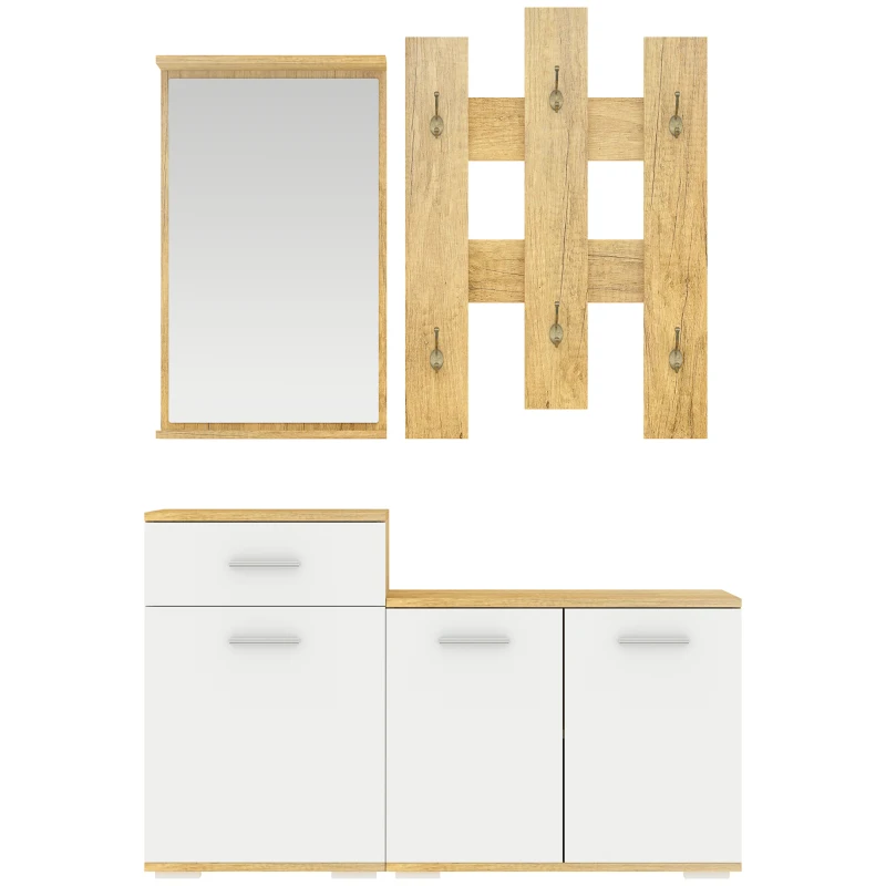HOMCOM Set per Ingresso 3 in 1 con Appendiabiti a Muro, Specchio e Scarpiera con Panca in Legno