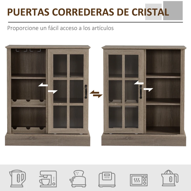 HOMCOM Aparador de Cocina Moderno con Puerta de Vidrio Soporte para 6 Copas y Botellero 79x39x92 cm Café
