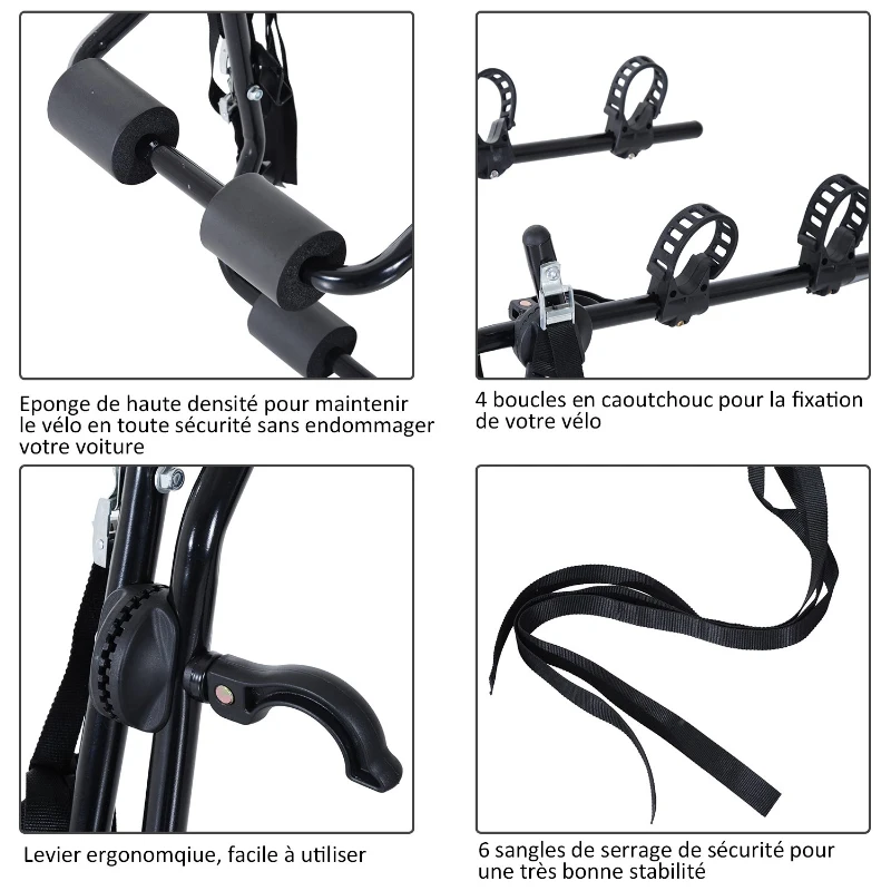 HOMCOM Porte-vélo pour 2 vélos - installation sur hayon - 6 sangles de sécurité - pliable - acier noir