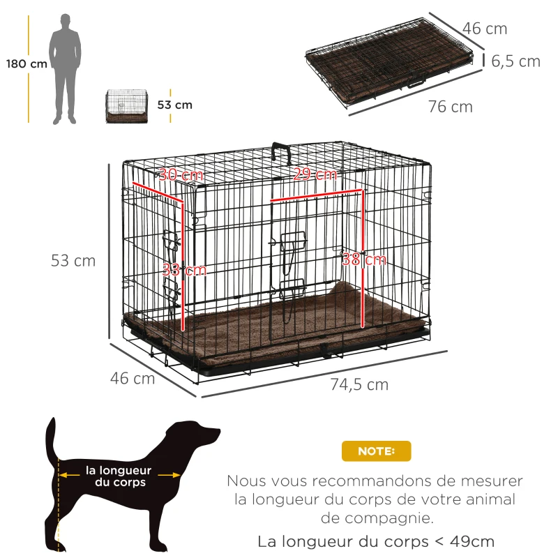 PawHut Cage de transport pliante pour chien poignée, plateau amovible, coussin fourni 74,5L x 46l x 53H cm noir