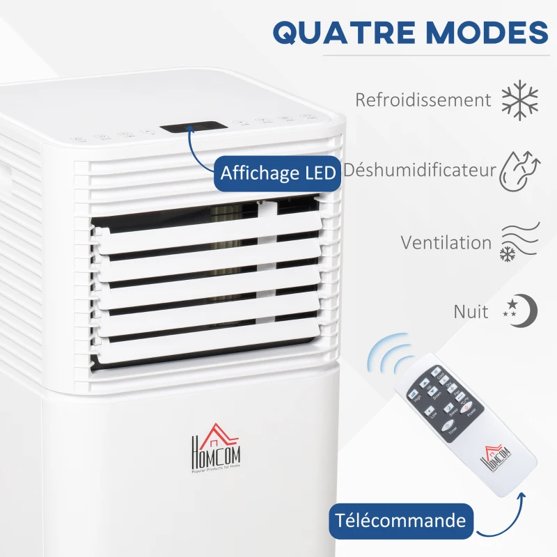 HOMCOM Climatiseur mobile 9000 BTU/H débit d'air 360 m³/h, minuterie 24H et télécommande, capacité max. de 28 m² blanc