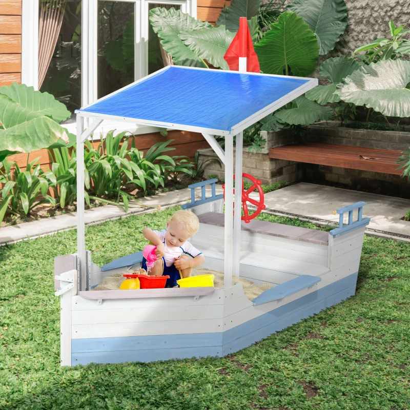 Outsunny Wooden Kids Sandpit, Children Sandbox w/ UV Protection Canopy, for Ages 3-8 Years - Blue