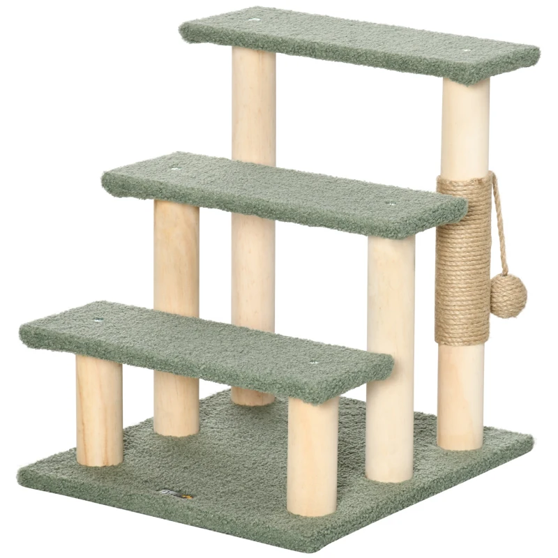 PawHut 48cm Three-Step Cat Tree, with Toy Ball, Jute Scratching Post - Green