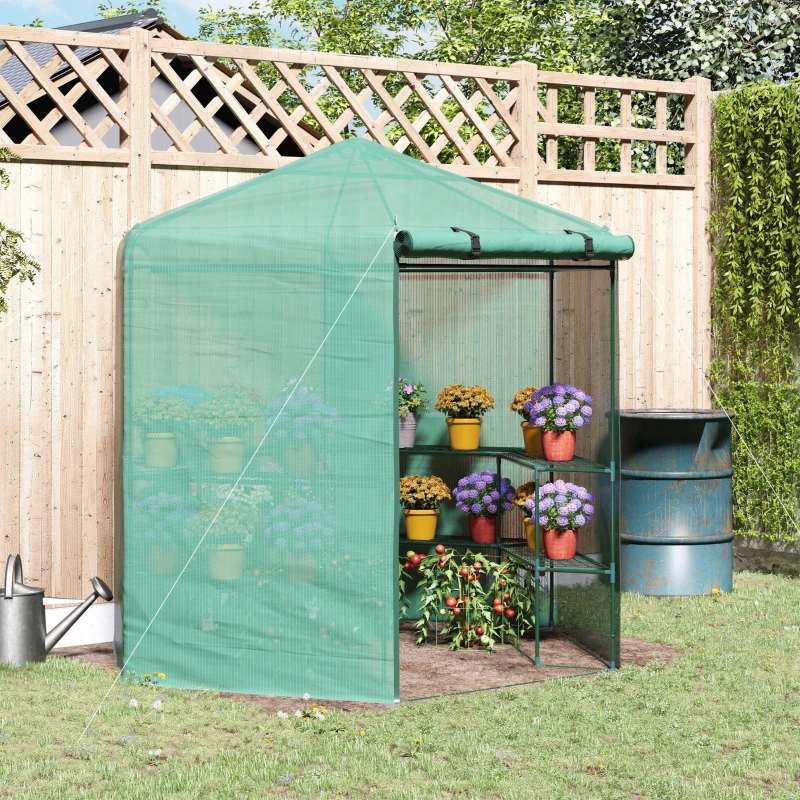 Outsunny Hexagon Walk In Greenhouse with Shelves, Outdoor Green House Grow House with Waterproof PE Cover and Roll-up Door, 228 x 196 x 215 cm, Green
