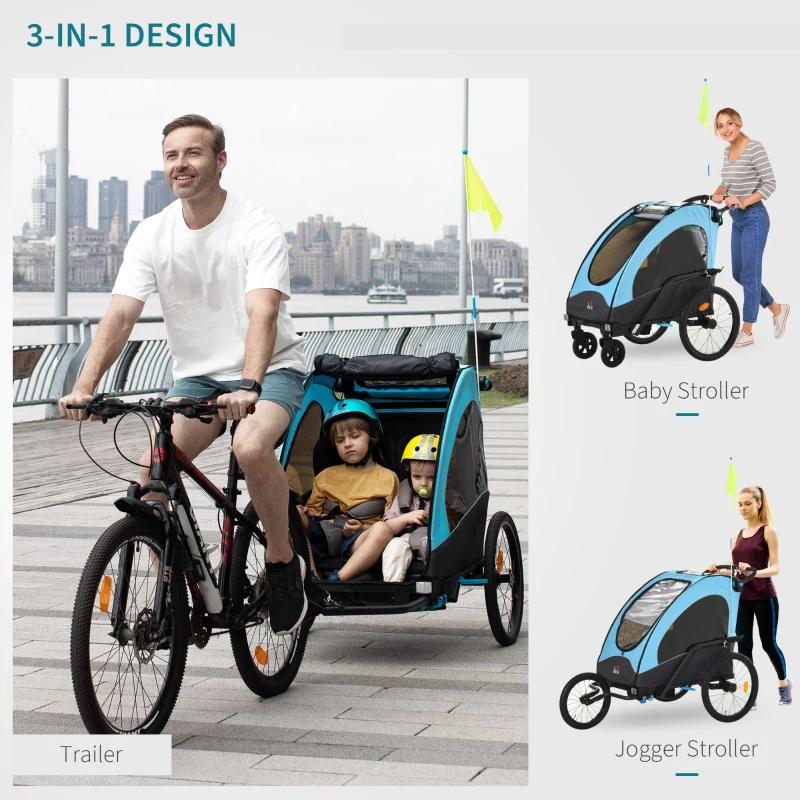 HOMCOM 3 In 1 Foldable Children Bike Trailer Kids Stroller Jogger Transport Buggy Carrier w/ Suspension Rubber Tires Adjustable Handlebar for 2 Kids Blue and Black