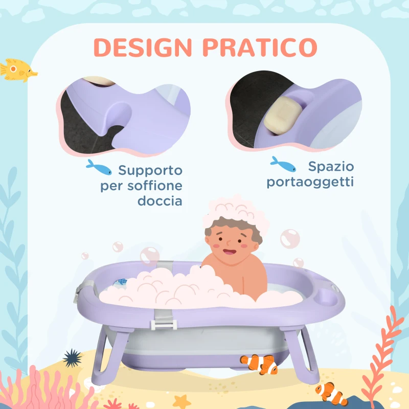 ZONEKIZ Vaschetta Bagnetto Pieghevole Bambini 0-6 Anni con Cuscino e 2 Ripiani, 83x48x23.5 cm, Viola e Bianco