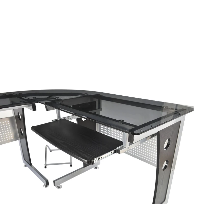 HOMCOM Bureau d'Angle en Verre Fumé Trempé Noir