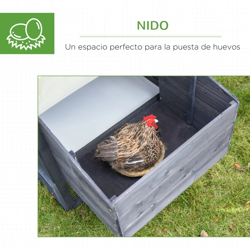 PawHut Gallinero de Madera Exterior Jaula Cercada para Gallinas con Caja Nido Corral de Metal Techo Asfáltico Bandeja Extraíble Ventana y Rampa 170x81x110 cm Gris