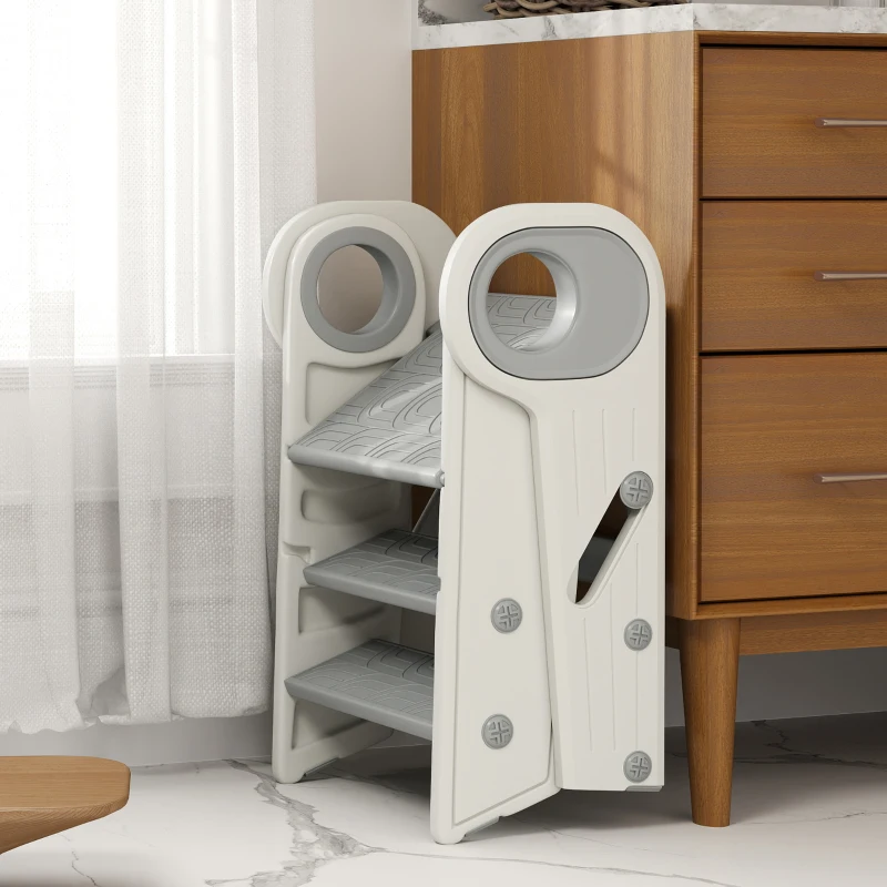 AIYAPLAY Torre de Aprendizaje Ajustable Escalera para Niños de +18 Meses Antideslizante para Baño Cocina Librería Gris y Blanco