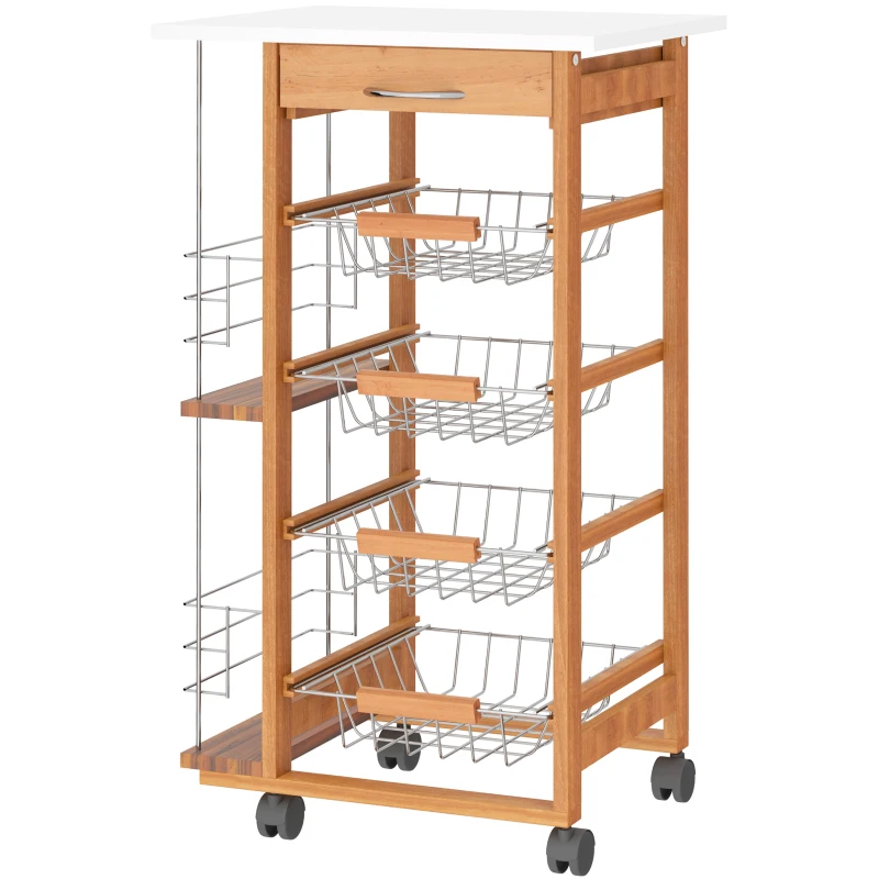 HOMCOM Carrello da Cucina con 1 Cassetto, 4 Cestelli Metallici e 2 Ripiani Portaspezie in Legno 47 x 37 x 83 cm Marrone