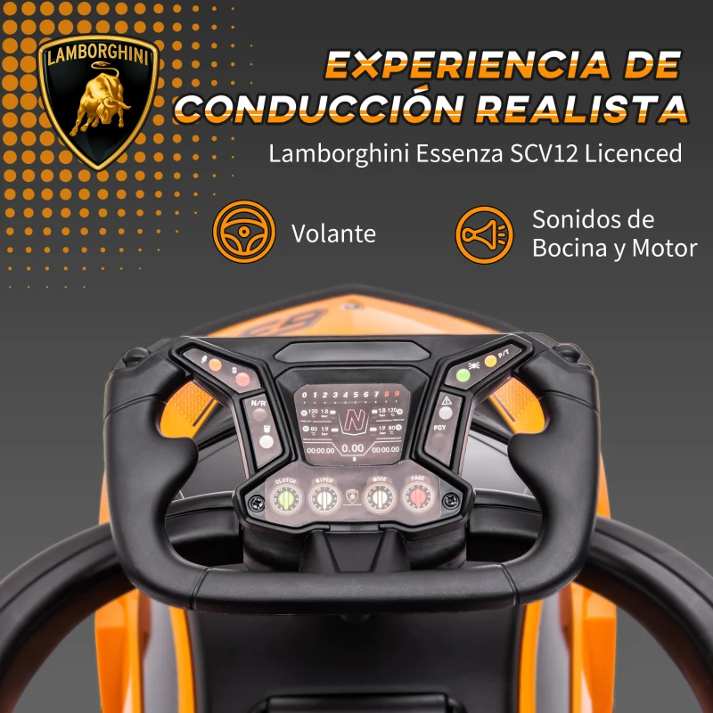 AIYAPLAY 2 en 1 Coche Correpasillos para Niños 12-36 Meses Lamborghini Essenza SCV12 con Bocina Mango de Empuje Naranja y Negro