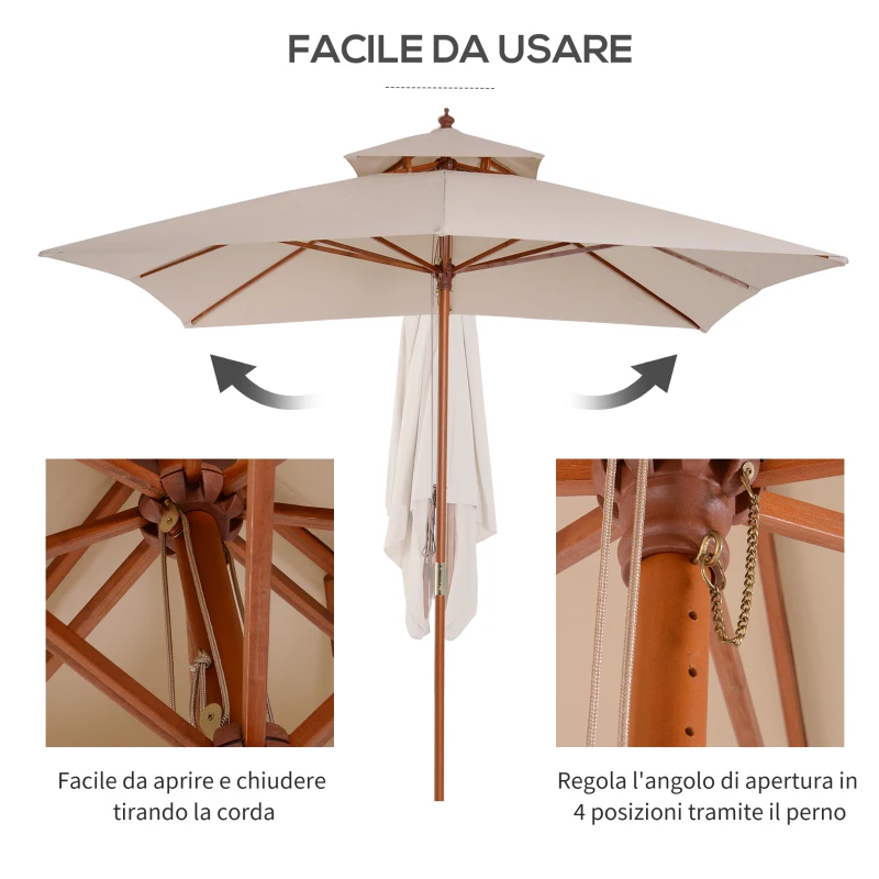 Outsunny Ombrellone da Giardino 3x3m con 8 Stecche in Bamboo e Copertura Parasole a 2 Livelli, Crema