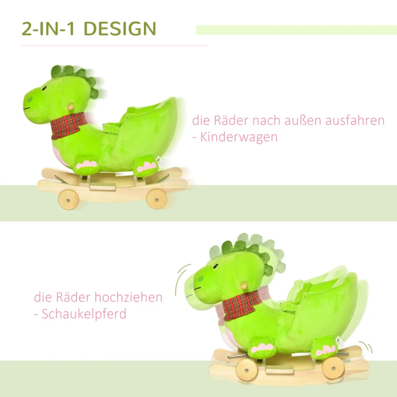 HOMCOM 2-IN-1 Schaukelpferd mit Räder Plüsch Schaukeltier Babyschaukel Spielzeug Grün 60 x 32 x 52 cm