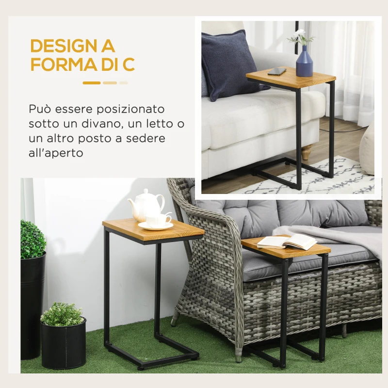 Outsunny Set 2 Tavolini da Giardino a C in Metallo e Legno di Pino con Design Impilabile, 40x30x60 cm