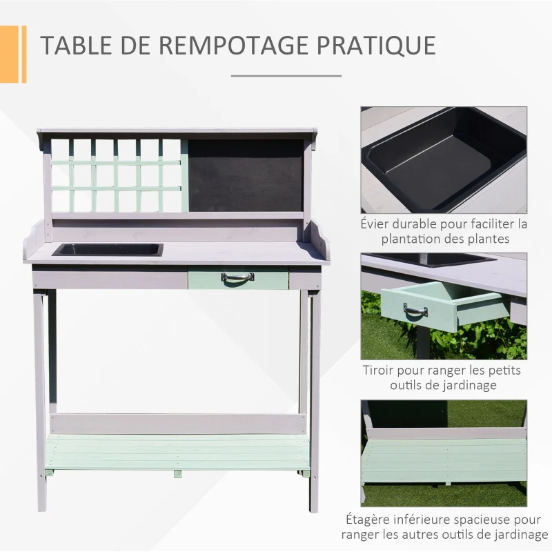 HOMCOM Table de rempotage multi-équipée table de jardinage avec tiroir, étagère, évier dim. 92L x 42,5l x 119,5H cm bois massif pré-huilé gris vert menthe