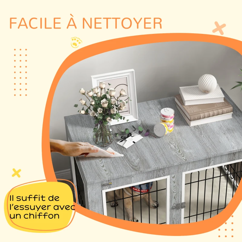 PawHut Cage pour chien animaux cage de chien sur pied avec coussin amovible acier aspect bois 90 x 58 x 65 cm gris