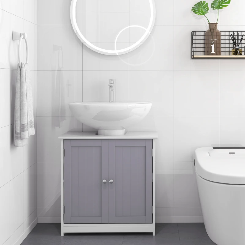 kleankin 60x60cm Under-Sink Storage Cabinet w/ Adjustable Shelf Handles Drain Hole Bathroom Cabinet Space Saver Organizer White and Grey