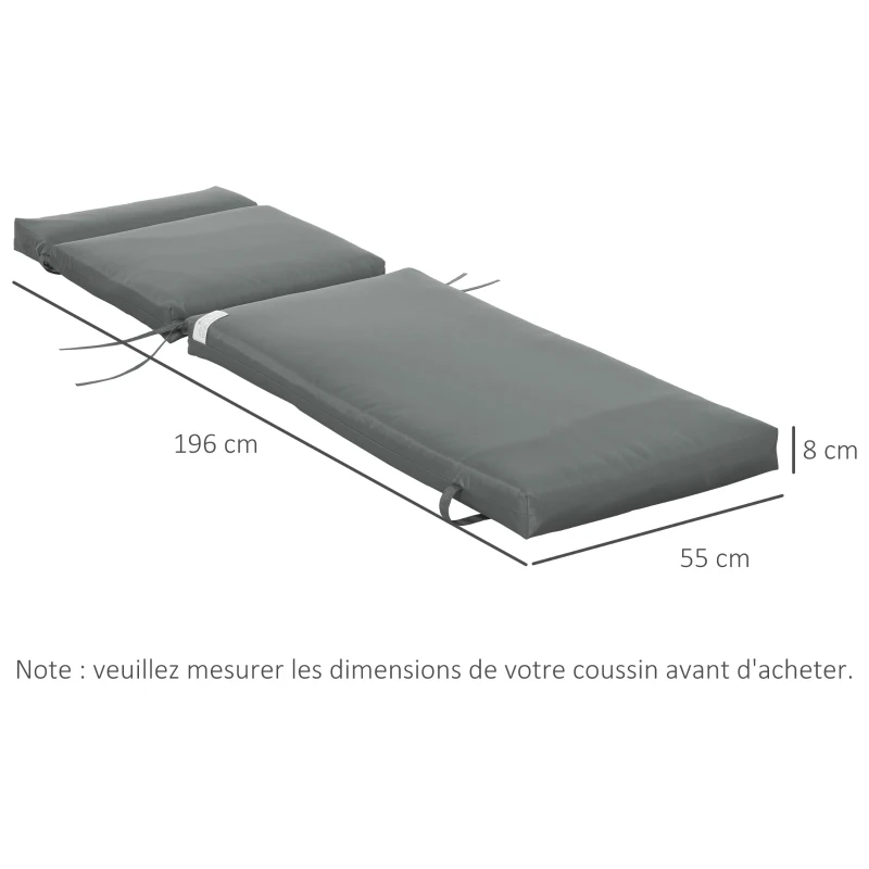 Outsunny Lot de 2 Matelas pour Chaise Longue transat Bain de Soleil avec Sangles d'attache pour Jardin MATELAS UNIQUEMENT dim.196L x 55l cm Gris foncé