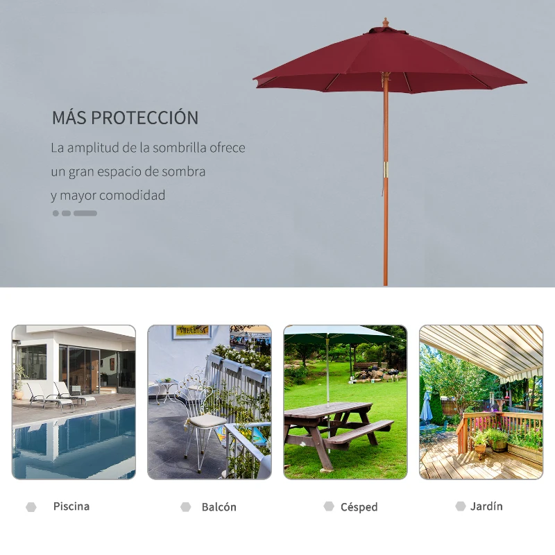 Outsunny Sombrilla Parasol con Poste Desmontable de Madera Ángulo Ajustable Ventilación Sistema de Polea para Exterior Jardín Patio Piscina Terraza Ø257x253 cm Rojo Vino