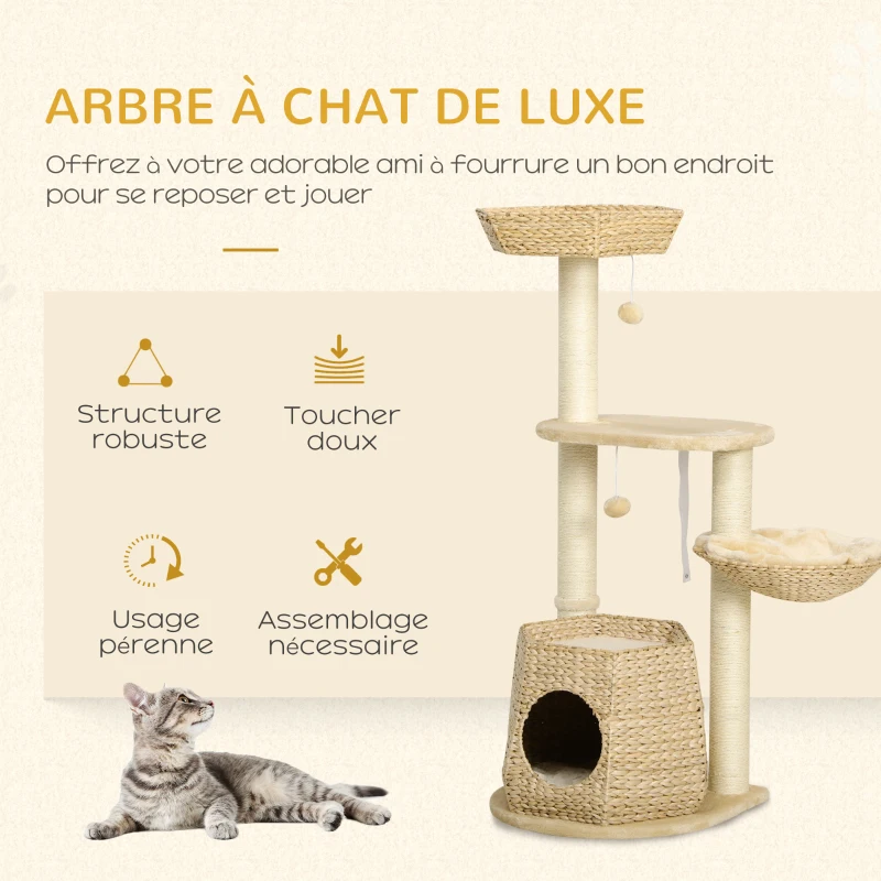 PawHut Arbre à chat arbre à grimper griffoir pour chat hauteur 119 cm colonnes renforcées avec niche hamac 2 balles suspendues