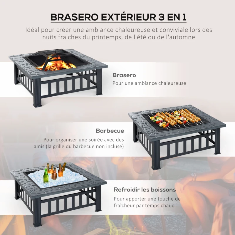 Outsunny Brasero cheminée Foyer extérieur dim 86L x 86l x 54H cm Grille à Charbon Couvercle tisonnier métal Noir