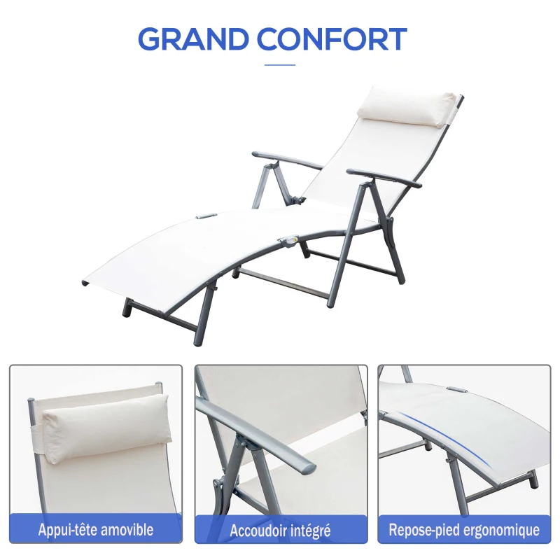 Outsunny transat Chaise Longue Bain de Soleil Pliable Dossier inclinable Multi-Positions têtière fournie 137L x 64l x 101H cm métal époxy textilène Beige