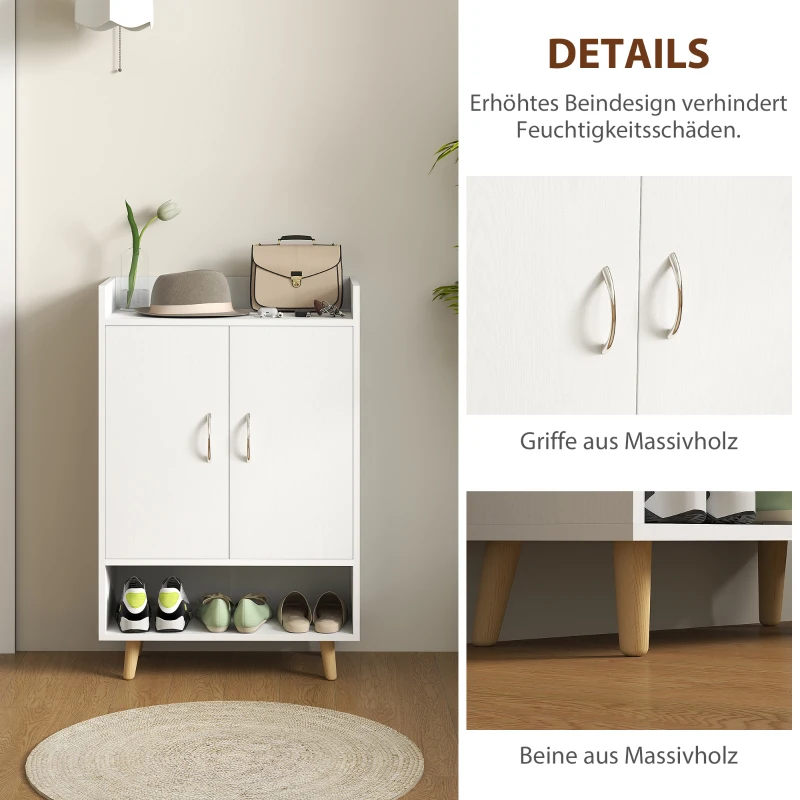 HOMCOM Schuhschrank, Schuhregal mit Türen und Regalen, für Flur, moderne Schuhkommode, Schuhablagen, 60 x 30 x 92 cm, Weiß
